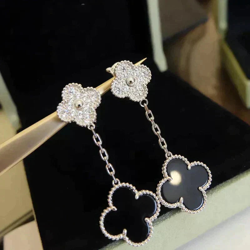 [Renovia Jewelry]クローバー 2モチーフ ダイヤモンド オニキス イヤリング シルバー