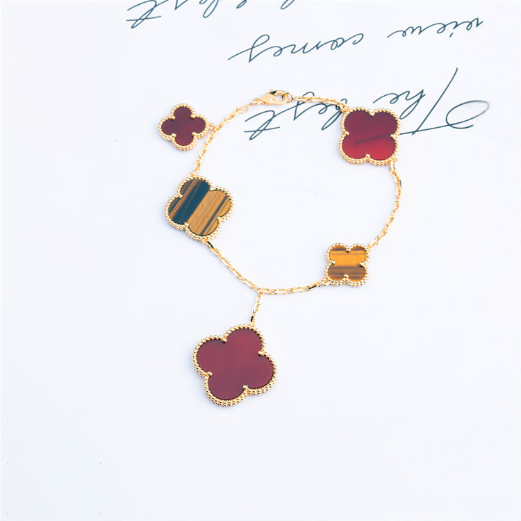 [Renovia Jewelry]クローバー ブレスレット 5モチーフ カーネリアン タイガーアイ