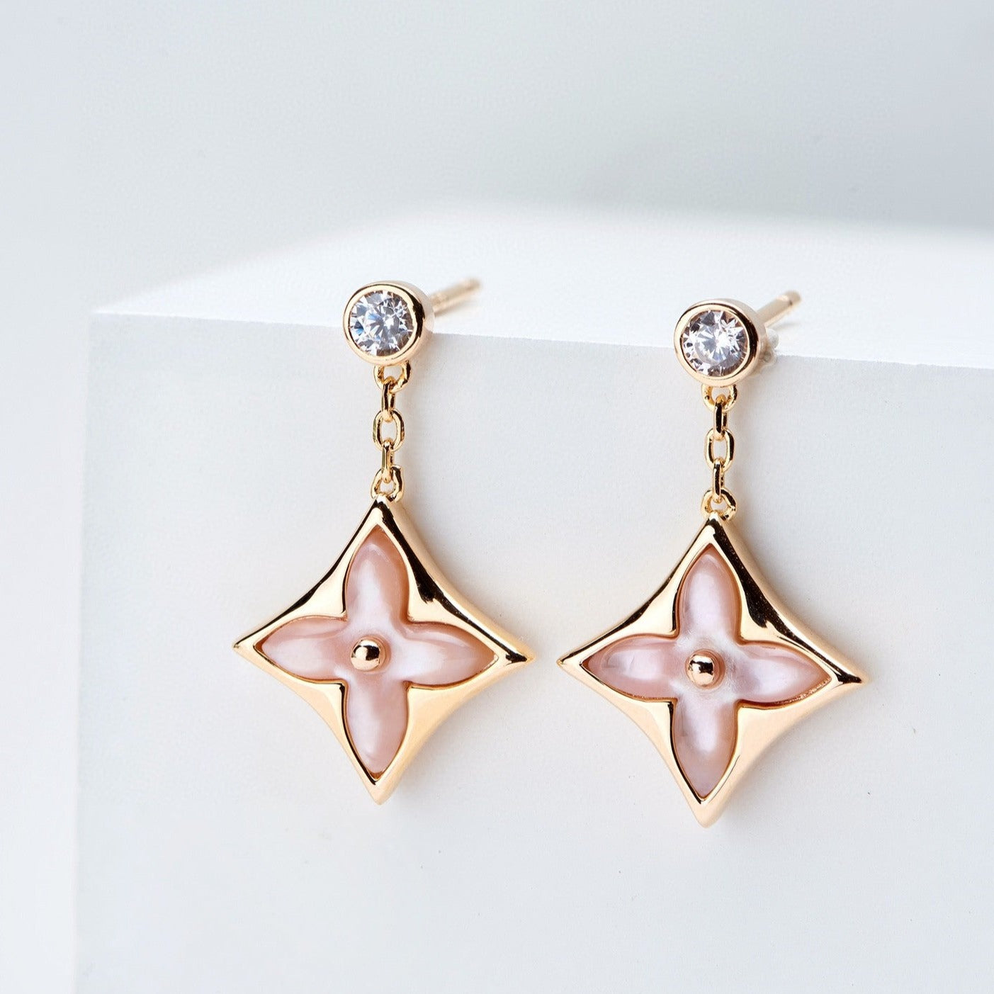 [Renovia Jewelry]ダブルスターピンクゴールドマザーオブパールドロップピアス