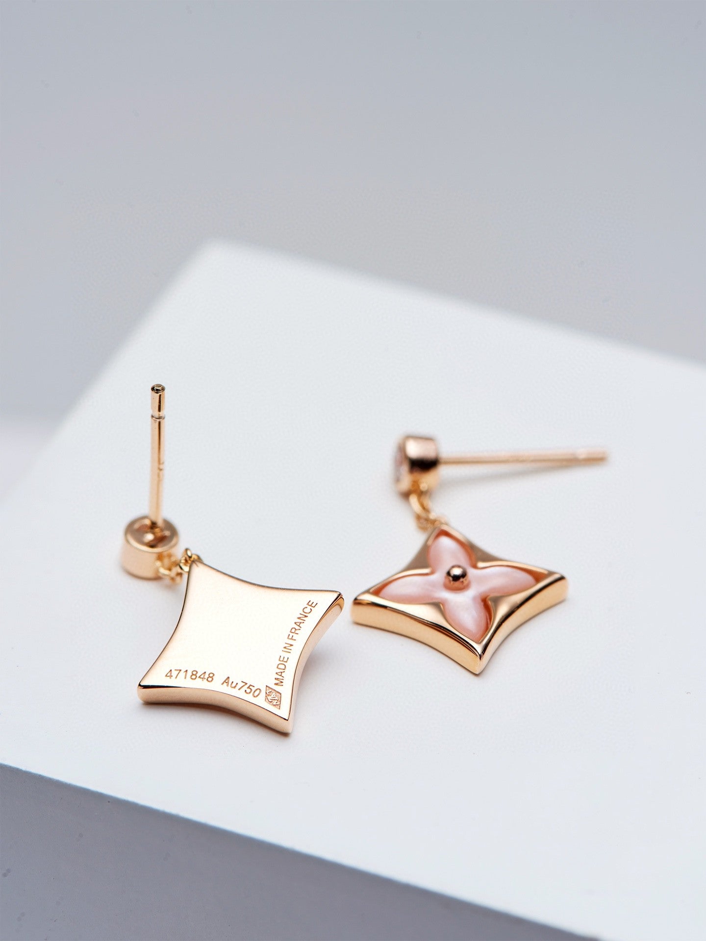 [Renovia Jewelry]ダブルスターピンクゴールドマザーオブパールドロップピアス