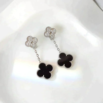 [Renovia Jewelry]クローバー 2モチーフ ダイヤモンド オニキス イヤリング シルバー