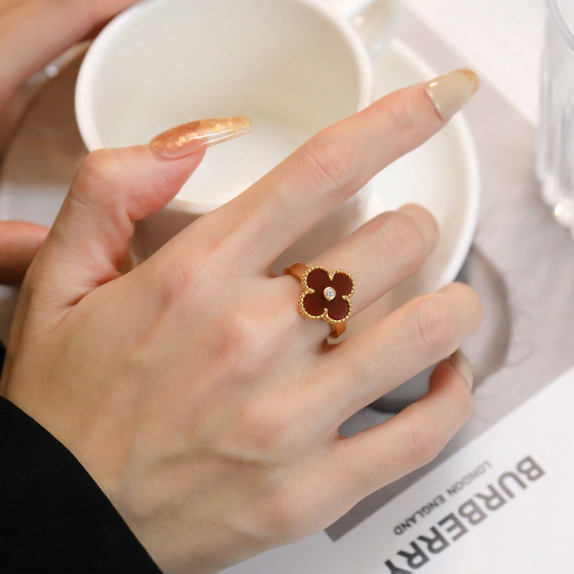 [Renovia Jewelry]クローバーカーネリアンリング ローズゴールドダイヤモンド