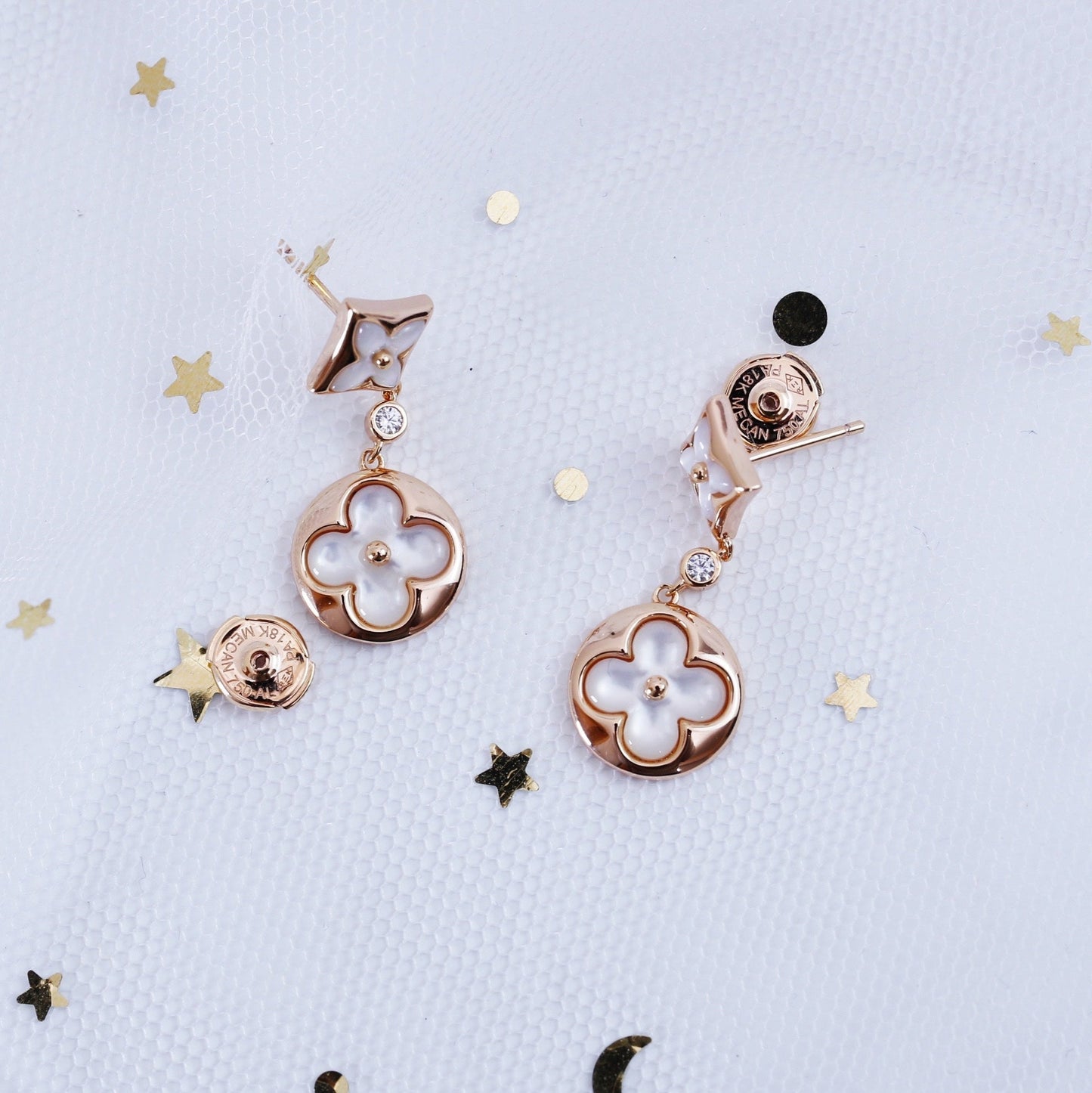[Renovia Jewelry]スターアンドサン ピンクゴールド MOP ドロップピアス