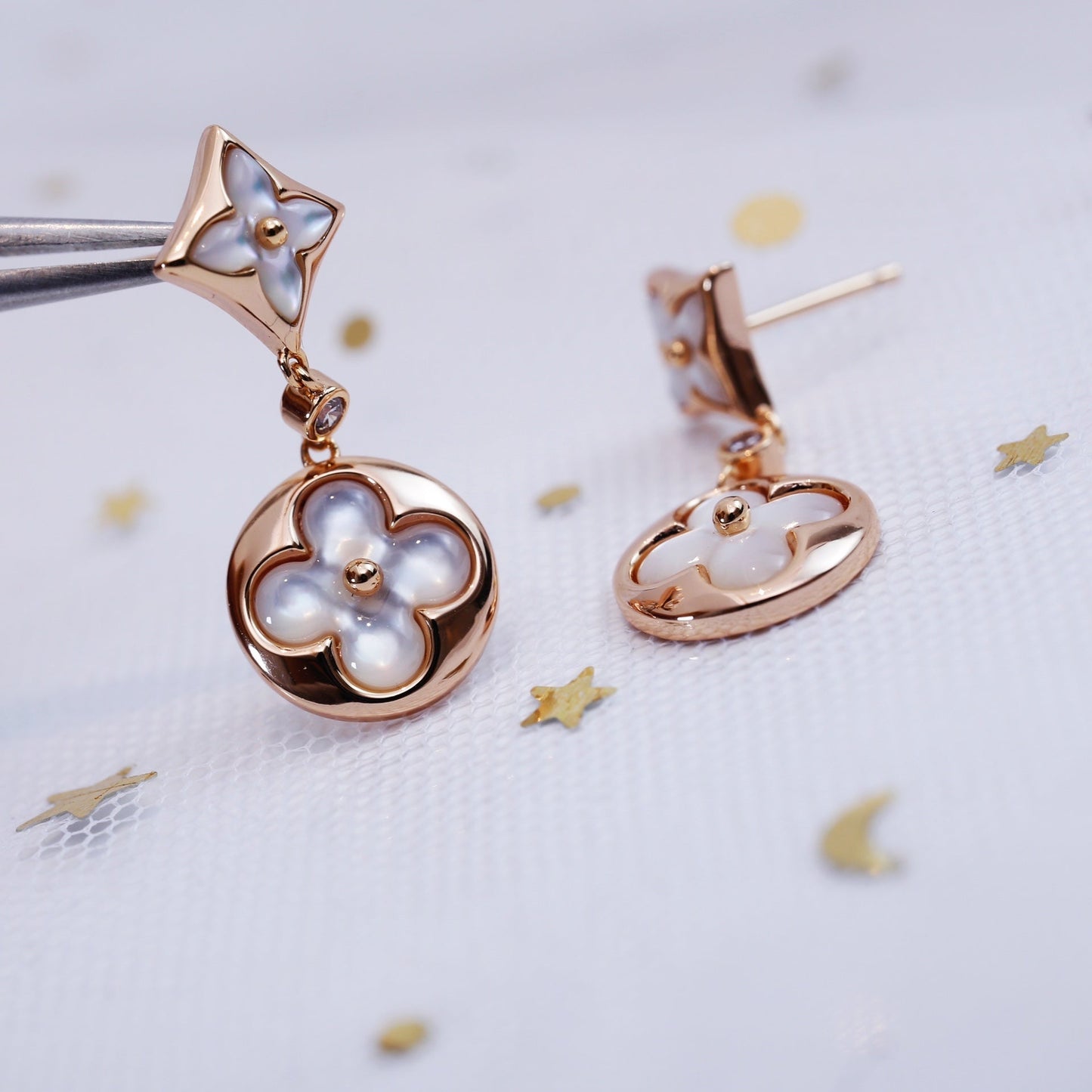 [Renovia Jewelry]スターアンドサン ピンクゴールド MOP ドロップピアス