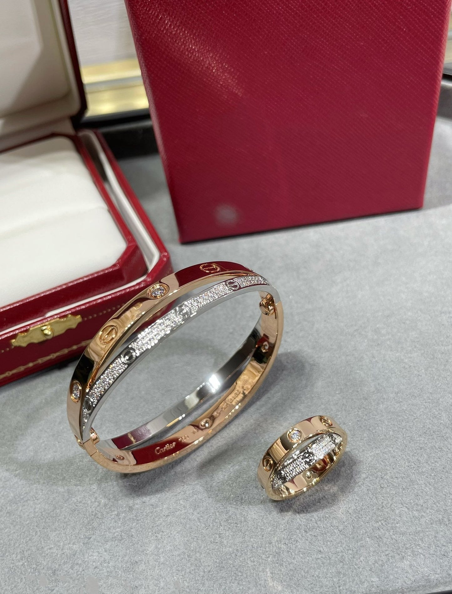 [Renovia Jewelry]LOVE PINK GOLD SILVER DIAMOND DOUBLE RING