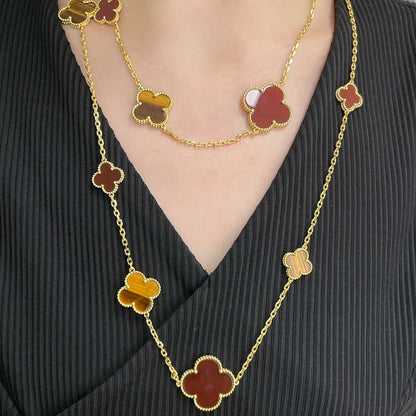 [Renovia Jewelry] クローバー 16 モチーフ カーネリアン タイガーアイ ローズゴールド ネックレス