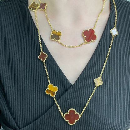 [Renovia Jewelry] クローバー 16 モチーフ カーネリアン タイガーアイ ローズゴールド ネックレス