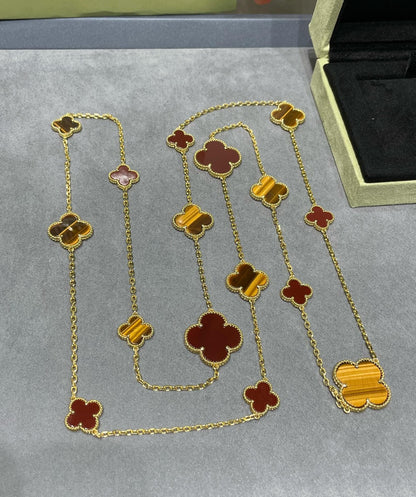 [Renovia Jewelry] クローバー 16 モチーフ カーネリアン タイガーアイ ローズゴールド ネックレス