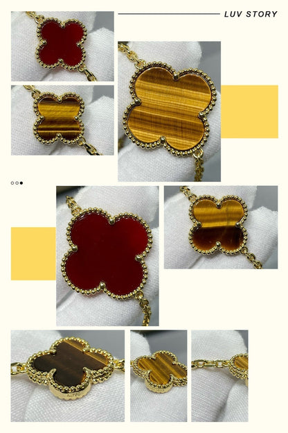 [Renovia Jewelry] クローバー 16 モチーフ カーネリアン タイガーアイ ローズゴールド ネックレス