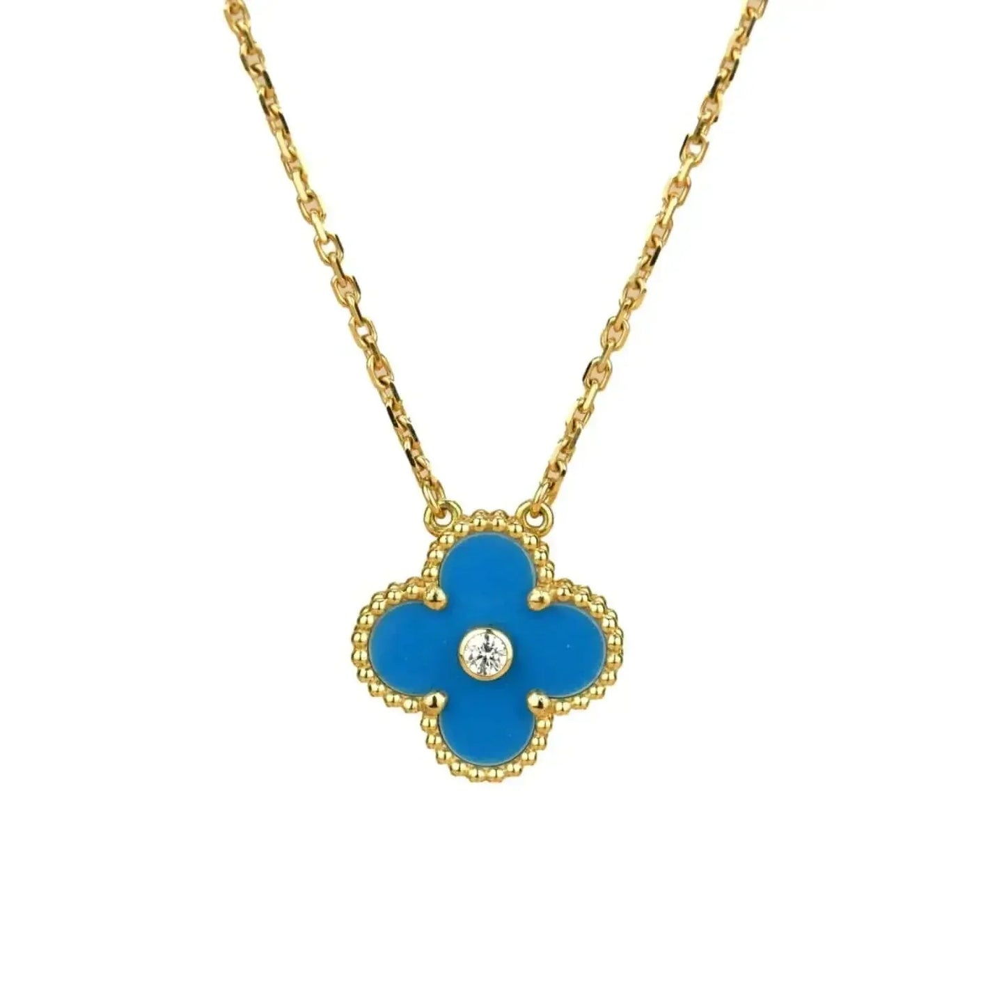 [Renovia Jewelry]クローバー 15MM ダイヤモンド＆ブルーアゲートネックレス