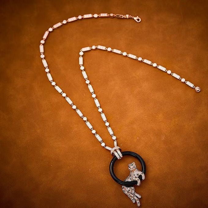 [Renovia Jewelry jewelrys]NEW BLACK CIRCLE PANTHER FULL DIAMOND NECKLACE