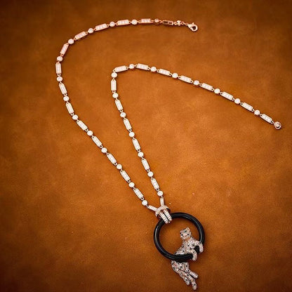 [Renovia Jewelry jewelrys]NEW BLACK CIRCLE PANTHER FULL DIAMOND NECKLACE
