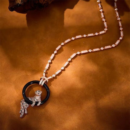 [Renovia Jewelry jewelrys]NEW BLACK CIRCLE PANTHER FULL DIAMOND NECKLACE