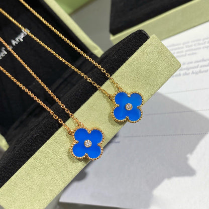 [Renovia Jewelry]クローバー 15MM ダイヤモンド＆ブルーアゲートネックレス